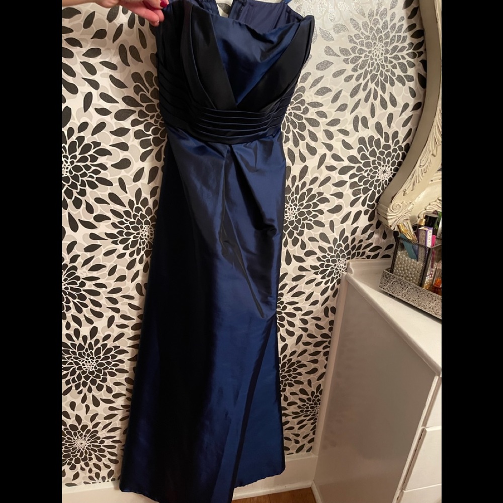 Stunning Full Length Metallic Navy Strapless Gown